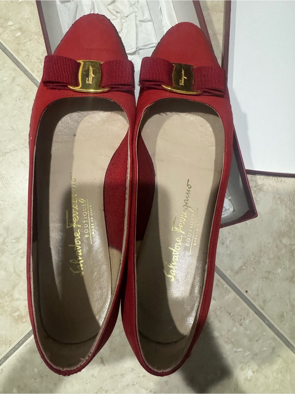 Salvatore Ferragamo Red Suede Bow Flats with Gold Logo